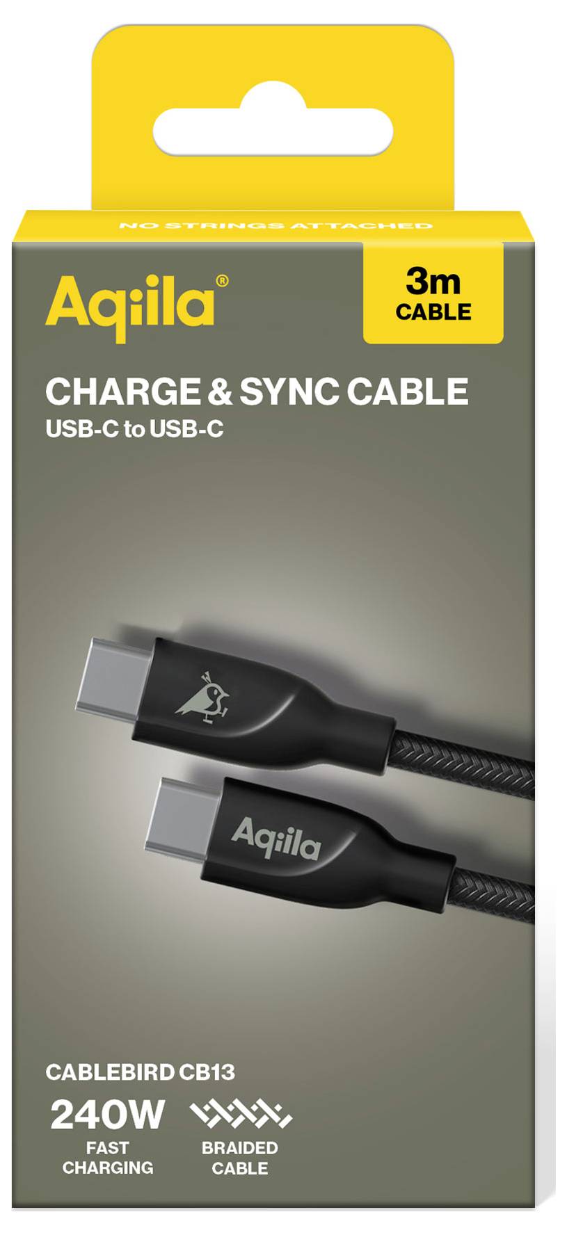 Laadkabel-verpakking toont USB-C-kabel met gele ophanger. Tekst: 'Oplaad- & Synchronisatiekabel', 3m, 240W, snel opladen, gevlochten kabel.