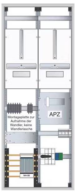 Schakelkast met verschillende componenten, waaronder een montageplaat met vermelding 'geen transformatortas' en het gebied 'APZ'.