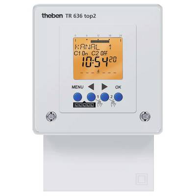 Een elektronische besturingsunit met display toont 'KANAAL C1 AAN C2 UIT' en de tijd '10:54'. Knoppen eronder: 'MENU', drie selectiepijlen, 'OK'.