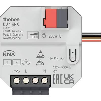Een KNX-schakelactor van Theben, model DU 1 KNX, voor het besturen van elektrische verbruikers, geschikt voor 230V, 50/60Hz, met 250W vermogen.