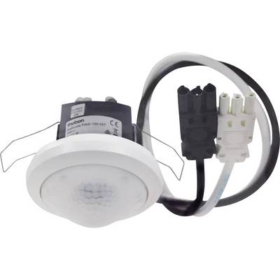 Een ronde, witte bewegingssensor met een bevestigd stroomkabel en een zwarte adapter, gebruikt voor automatische lichtbesturing.