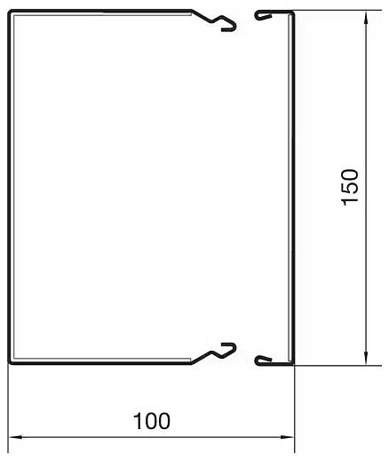 Technische tekening van een rechthoekig stuk plaatstaal met haken aan de hoeken. Afmetingen: 100 mm breedte, 150 mm hoogte.