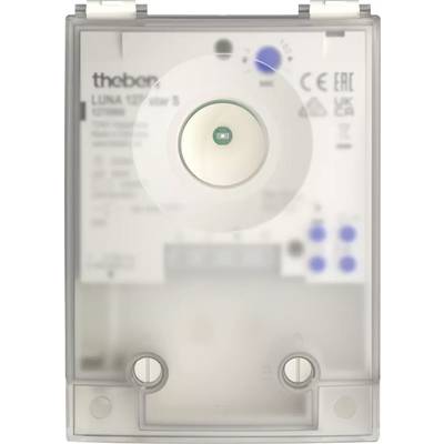 Een wit apparaat met een cirkelvormige opening in het midden en twee schroeven eronder, mogelijk een technisch paneel of sensor.
