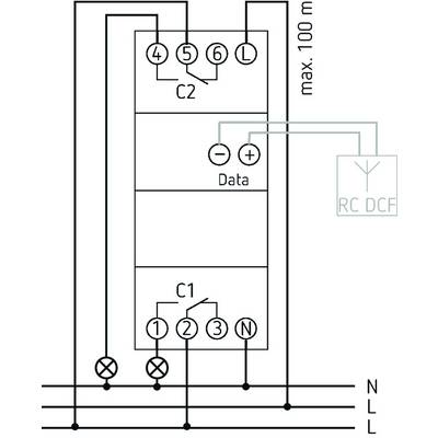 Schakelschema van een elektrisch apparaat met aansluitingen: C2, C1 voor plus en min; Data-aansluiting is gekoppeld aan RC DCF.