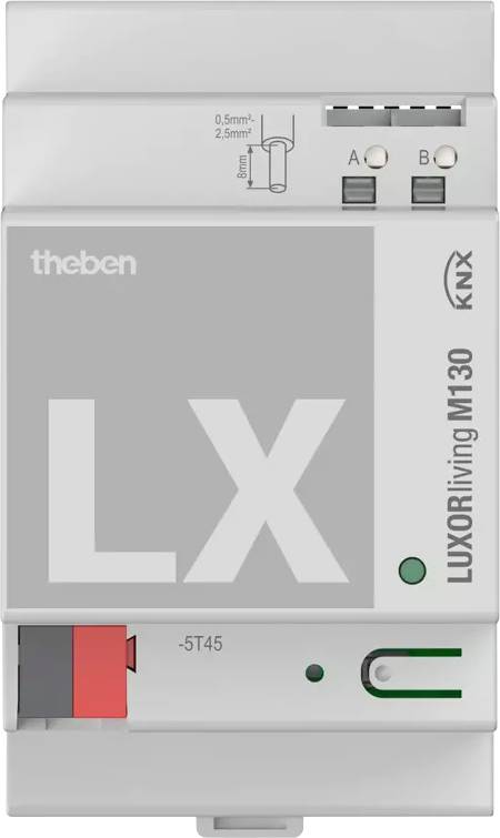 Een grijs toestel met de opdruk 'LX' voor domotica, merk Theben. Toont aansluitingen en controlelampjes met verdere technische details.
