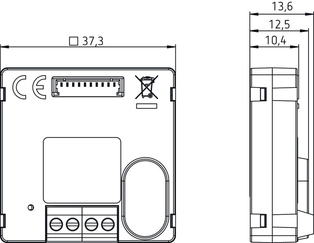 Technische tekening van een vierkant elektronisch apparaat met aansluitklemmen onderaan, afmetingen 37,3 mm en 120 mm aangegeven.