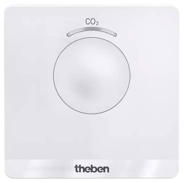 Een witte CO2-sensor van Theben met een cirkelvormig ontwerp, geeft het CO2-gehalte aan.