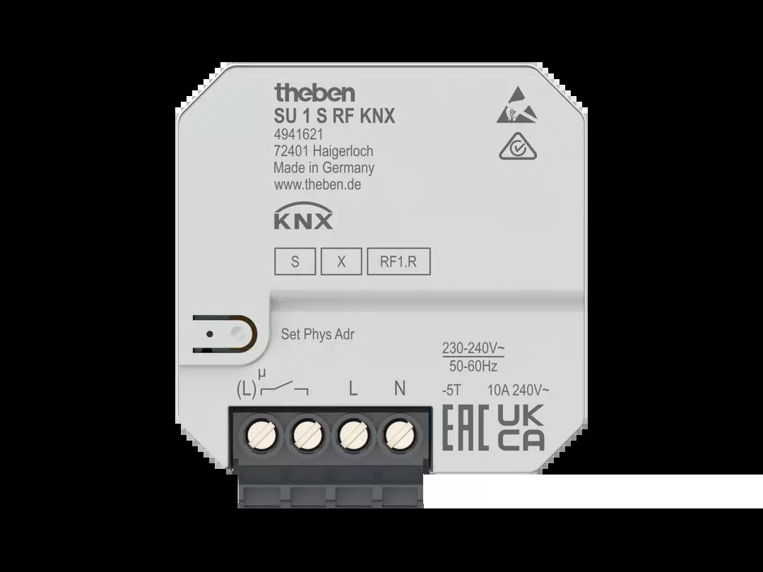 Een wit KNX-module met vier aansluitklemmen. Opschrift: 'SU 1 S RF KNX' en verdere technische specificaties.