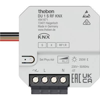 Een KNX schakelactor met antenne en aansluitingen. Gemarkeerd: 'DU 1 S RF KNX', 250V/230V AC, 50/60 Hz. Fabrikant: Theben.