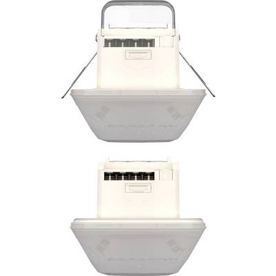 Een witte vierkante schakelaar met afgeronde hoeken, boven- en onderaanzicht getoond. Strak design in een neutrale ruimte.