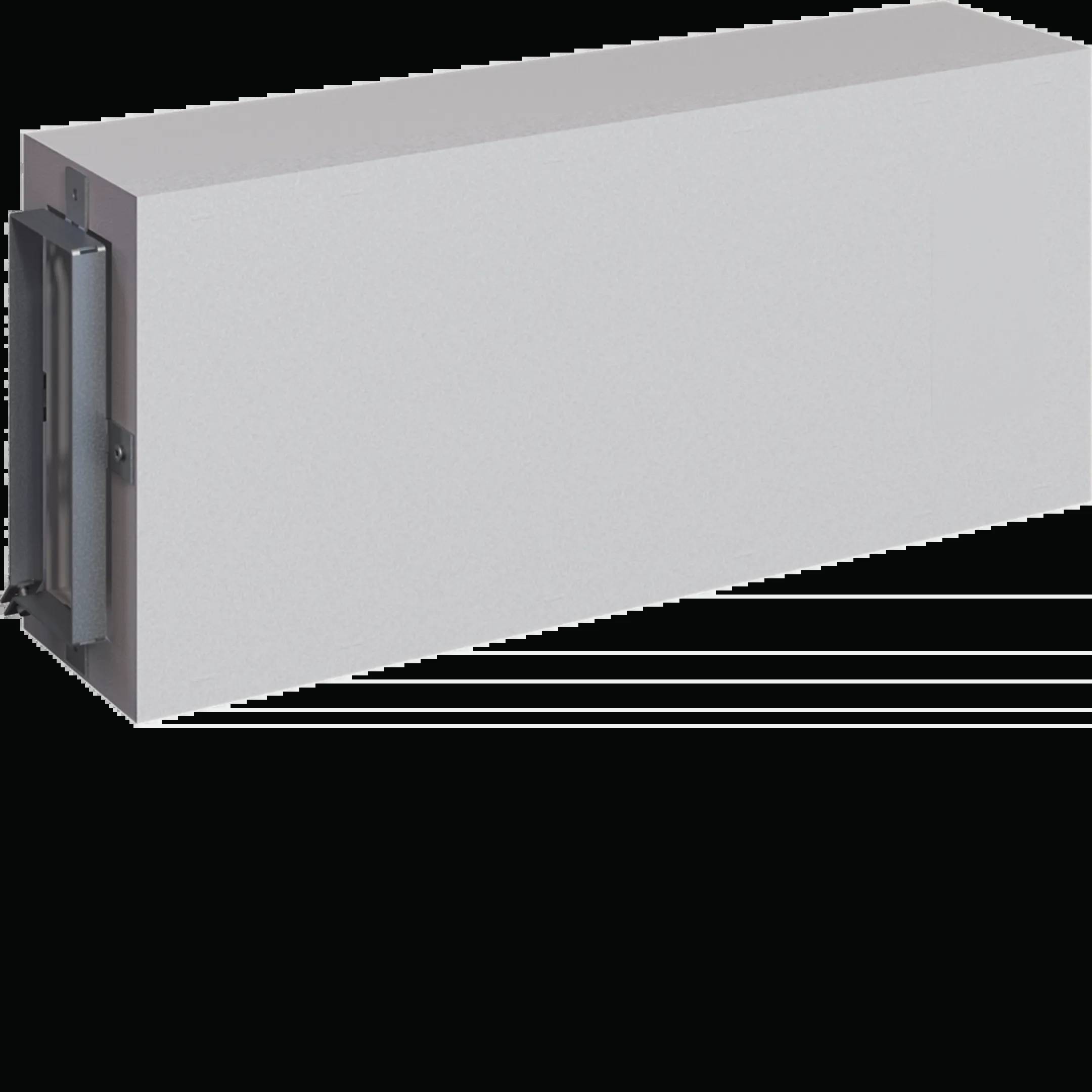 Rechthoekige bakstenen steen gemaakt van licht materiaal, met aan één zijde een metalen plaat bevestigd, weergegeven tegen een lichte achtergrond.