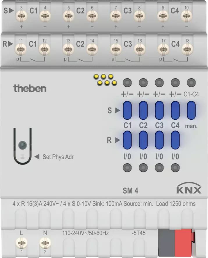 Een KNX-schakelactor met vier schakelkanalen voor het besturen van elektrische belastingen. Bovenaan bevinden zich aansluitingen en status-LED's.
