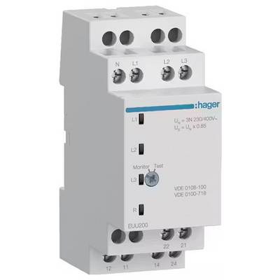 Een moderne overspanningsbeveiliging van Hager met meerdere aansluitklemmen en labels. Dient ter bescherming van elektrische installaties.