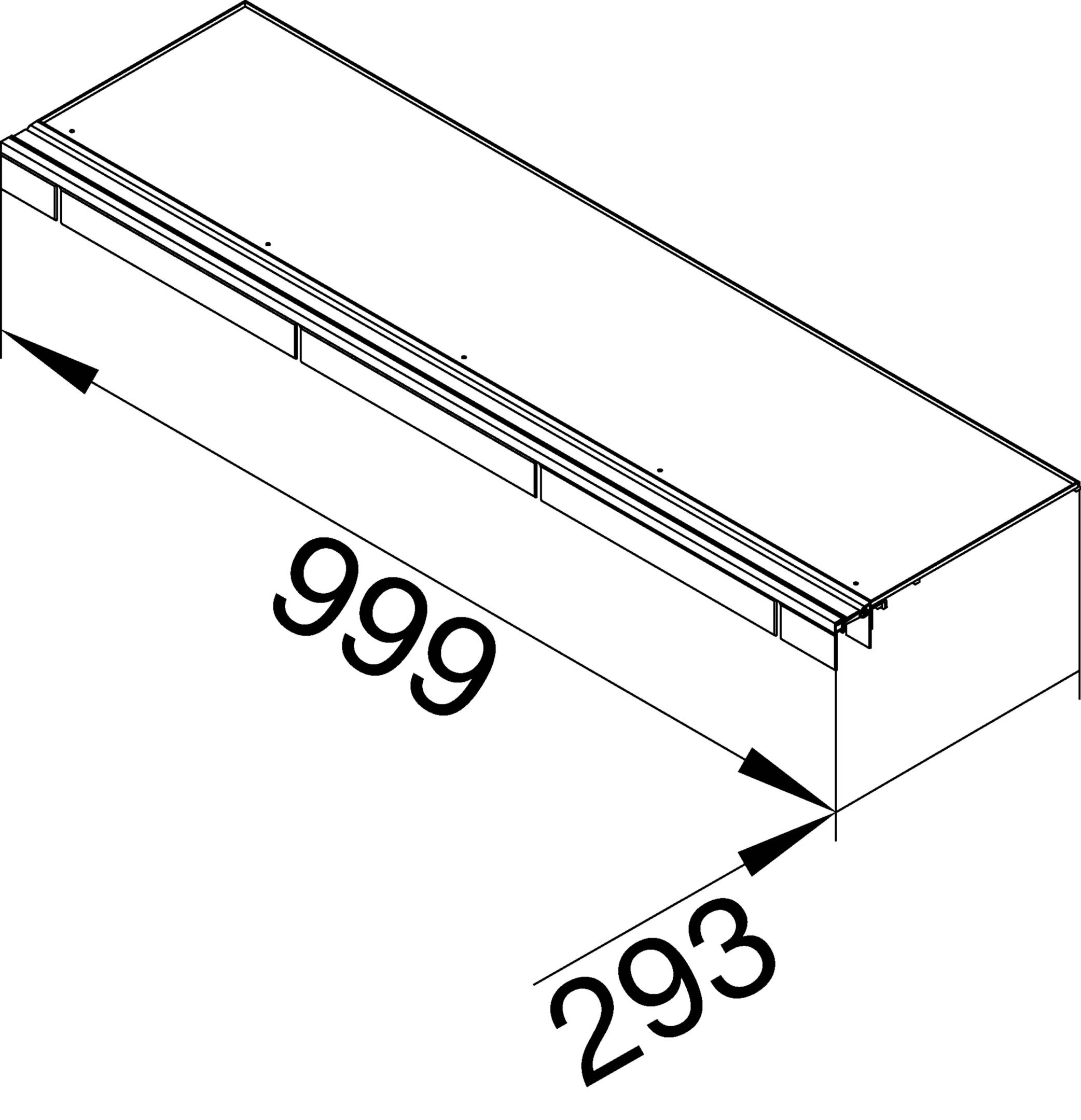 Een rechthoekig object met afmetingen van 999 mm breedte en 293 mm diepte, weergegeven in een technische tekening.