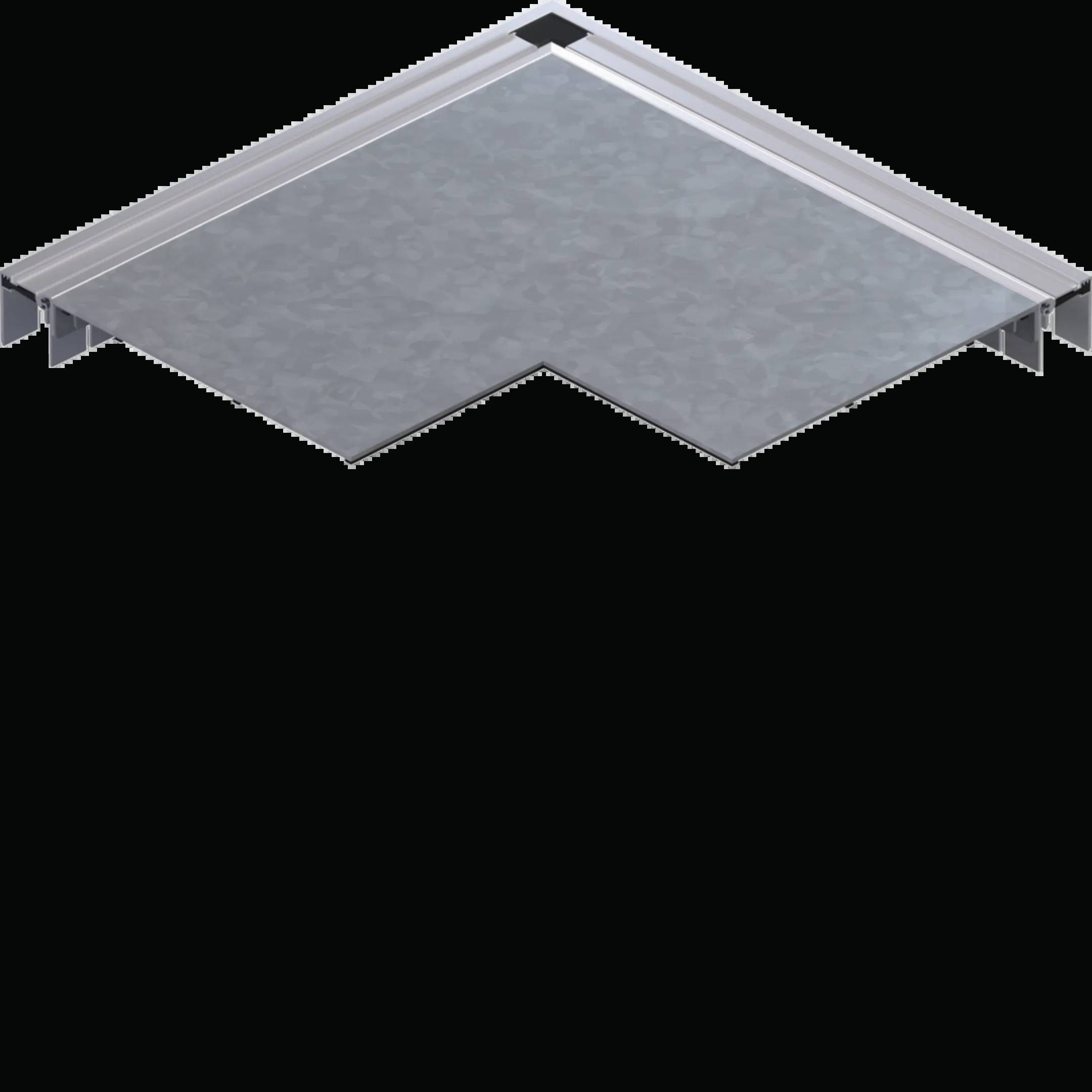 Metalen hoekverbinding met een grijze oppervlakteafwerking, in een gehoekte vorm. Verbindt twee componenten, geschikt voor industriële of constructieve toepassingen.