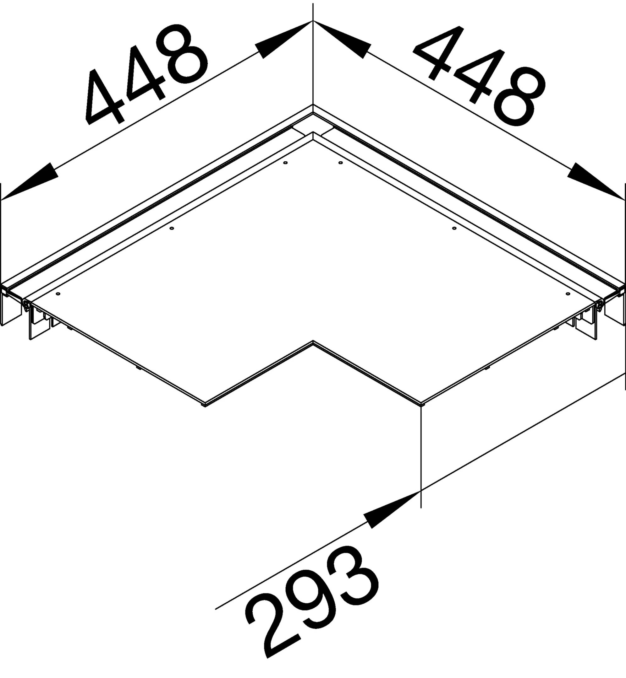 Technische tekening van een L-vormig rek met afmetingen: 448 mm x 448 mm aan de langere zijden, 293 mm aan de kortere kant.