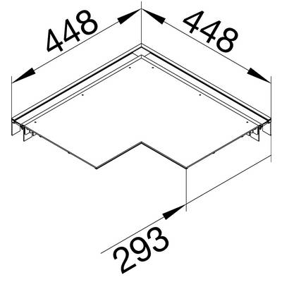 Technische tekening van een L-vormig rek met afmetingen: 448 mm x 448 mm aan de langere zijden, 293 mm aan de kortere kant.