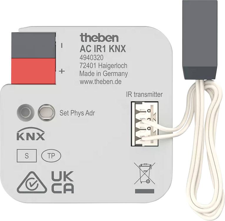 De afbeelding toont een elektronisch apparaat van Theben dat compatibel is met het KNX-systeem. Het heeft kabelaansluitingen en verschillende symbolen.