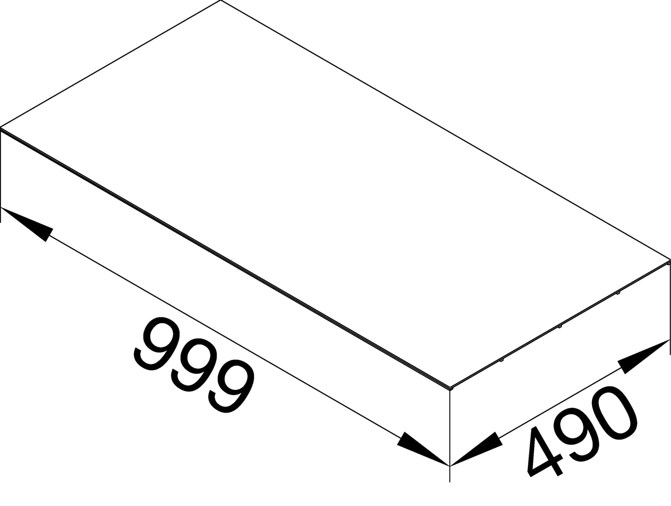 Rechthoekig blok met de vermelding '999' linksonder en '49' rechtsonder, toont een perspectivische weergave met maataanduidingen.