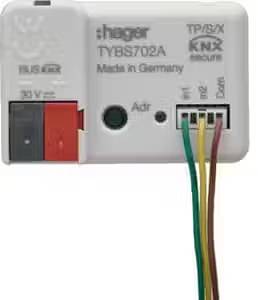 Een Hager TYBS702A KNX-busaankoppelaar. Opschrift 'Made in Germany'. Bevat aansluitingen voor buslijnen, met rode, zwarte en andere kabels.