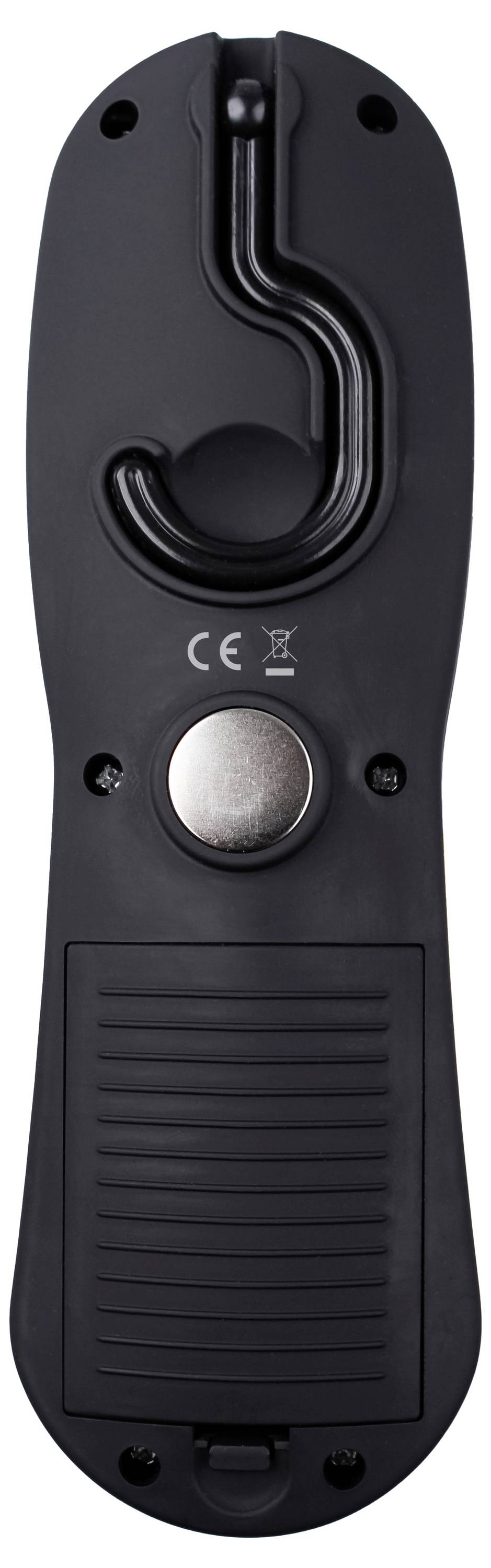 Een zwarte, haakvorming handgreep van een gereedschap of apparaat, met een CE-markering in het midden en een antisliplaag.