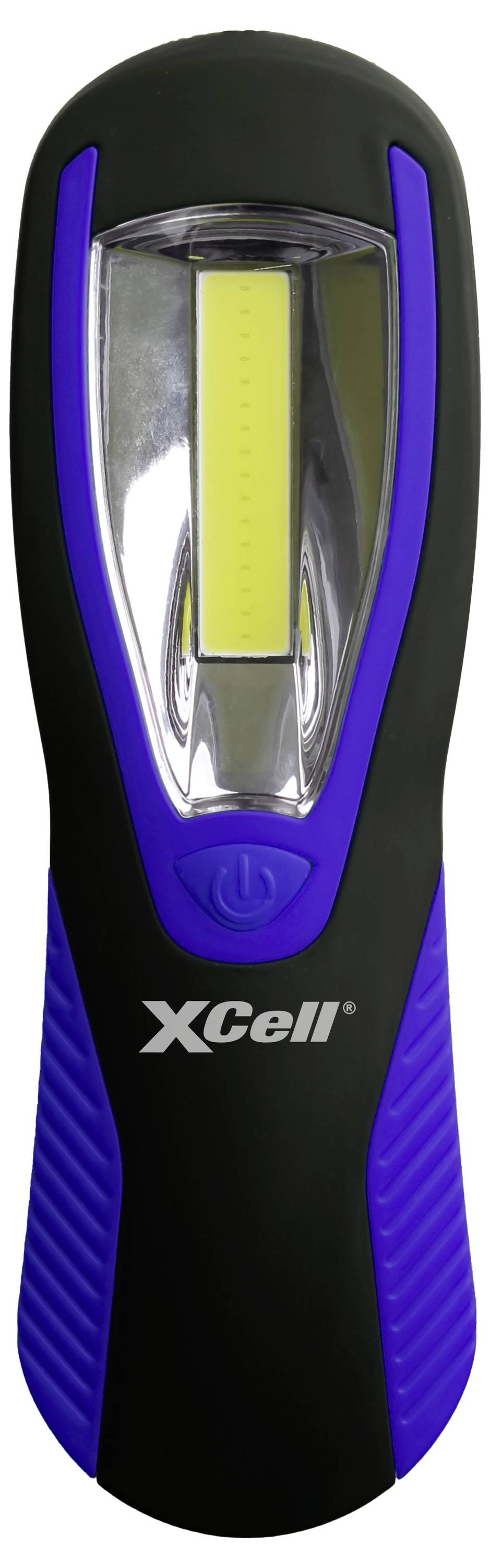 Een zwarte zaklamp met blauwe handgreep en geel verlichtende LED-strip, voorzien van het 'XCell' logo.