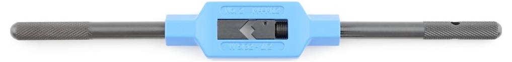 'Thread cutting tool with blue plastic handle, metal parts, and tap holder in the middle.'