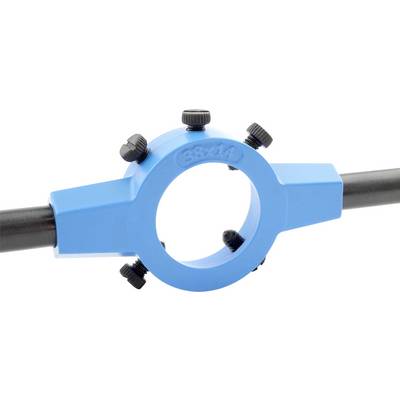 Blauw draadsnijgereedschap met meerdere zwarte stelschroeven, bevestigd aan een zwarte metalen stang.