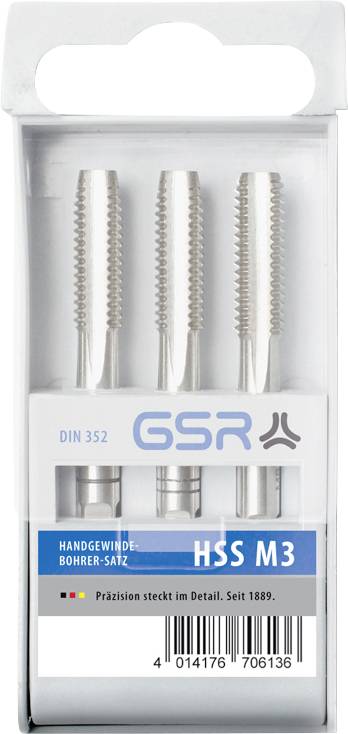 Drie HSS-draadtappen in een plastic verpakking, gemerkt met 'GSR', maat M3, geschikt voor handmatig schroefdraad maken, conform DIN 352-standaard.