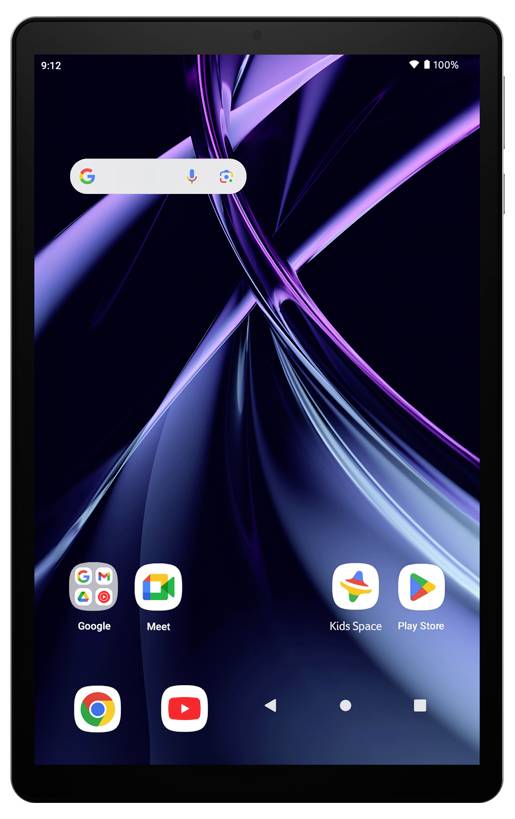 Tabletscherm toont apps zoals Google, Meet, Kids Space en Play Store. Tijd 9:12, batterij 100% opgeladen.