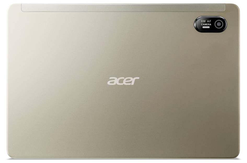 Gouden Acer-tablet, achteraanzicht. Rechtsboven is een camera zichtbaar.