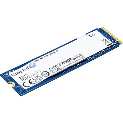 Een Kingston NV3 NVMe-SSD met 1 TB capaciteit. De blauwe printplaat is zichtbaar, samen met labels met verschillende technische specificaties.