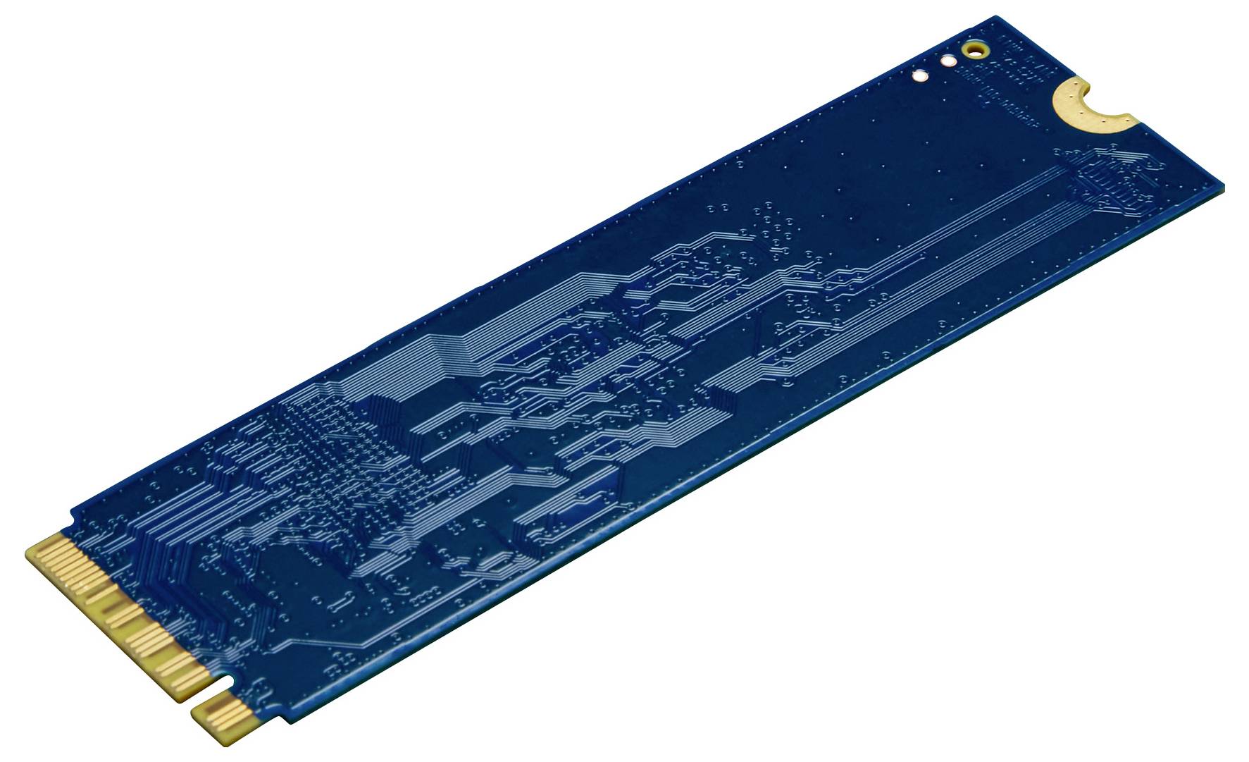 Een blauwe M.2 SSD-kaart met goudkleurige contactpunten aan de onderkant, die gewoonlijk wordt gebruikt voor opslag in computers.