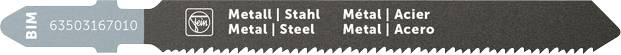 Zaagblad voor metaalsnede, met opschrift: 'Metal | Staal | Acier | Steel | Acero'. Serienummer: 6350 267 010.
