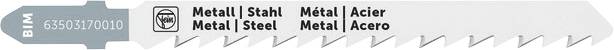 Metalen zaagblad met BIM-aanduiding en markeringen 'Metaal', 'Staal', 'Metaal', 'Staal', 'Staal'; geschikt voor metaalbewerking.
