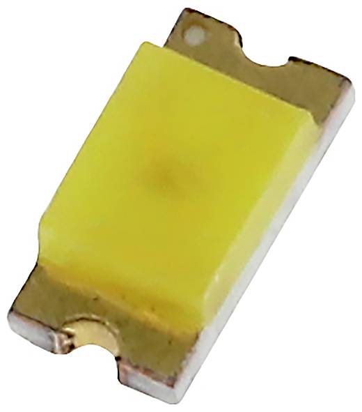 Een geel oplichtende SMD-LED-chip op een witte achtergrond, gebruikt voor elektronische schakelingen.