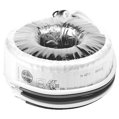 Een ronde transformator, omwikkeld met transparant plastic, toont specificaties en logo's op het witte oppervlak.