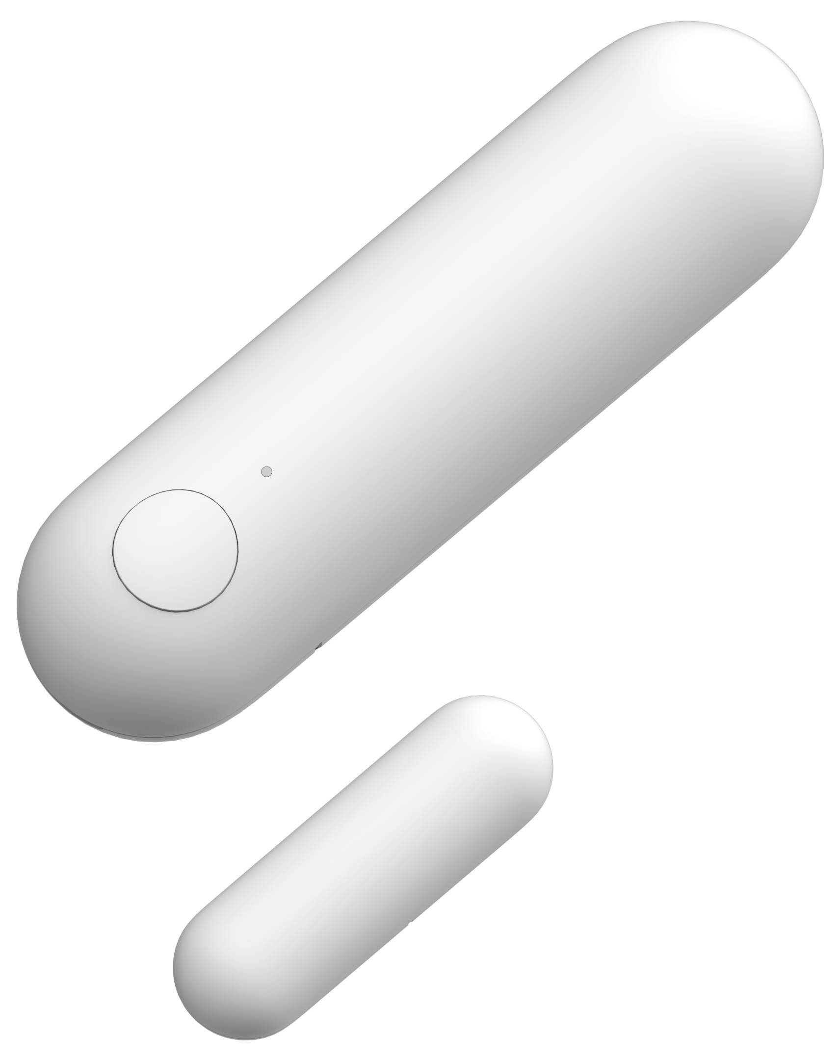 Een wit, langwerpig, ovaal voorwerp met een cirkel erop, mogelijk een elektronisch apparaat. Tegen een witte achtergrond.