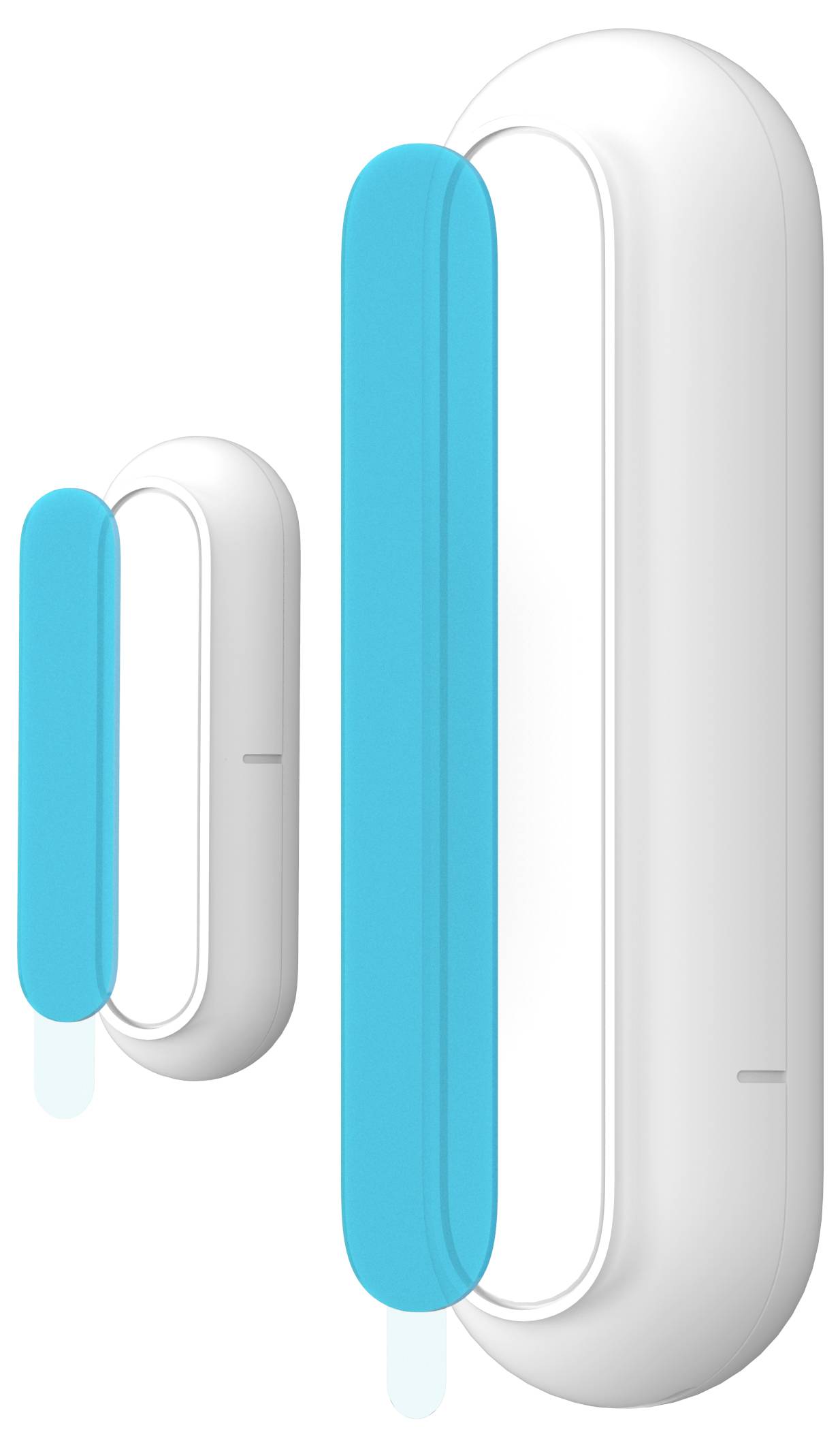 Twee moderne, ovale sensorapparaten in wit en blauw, waarschijnlijk voor thuisbewaking of -besturing, vrijstaand afgebeeld.