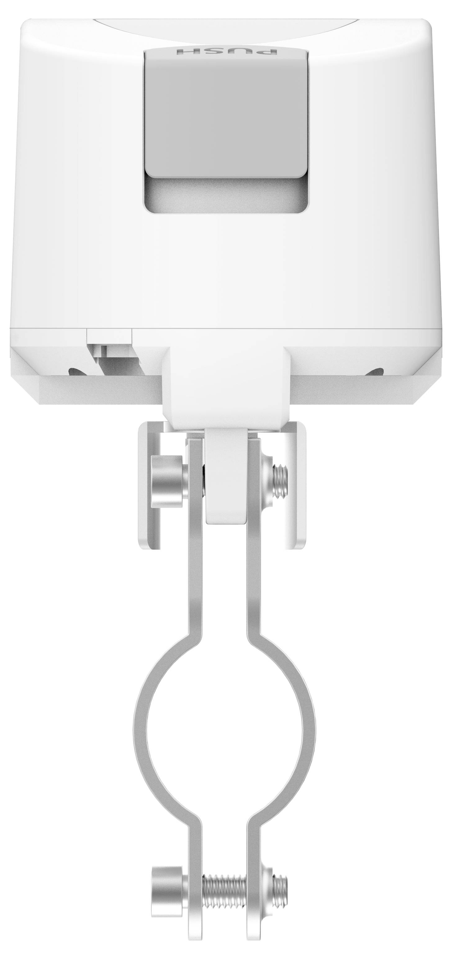 Een wit apparaat met een grijze toets, gemonteerd op een bevestigingsmechanisme. Het apparaat lijkt ontworpen te zijn voor bevestigingsdoeleinden.