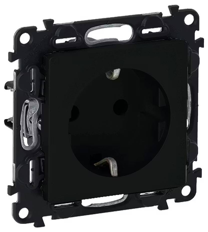 Zwarte wandcontactdoos met twee aansluitingen, omgeven door een metalen frame. Geschikt voor inbouw in standaard wandinbouwdozen.