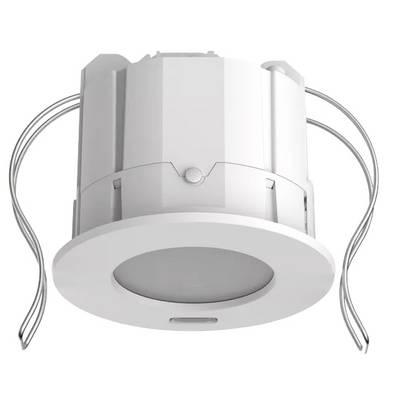 Ronde, witte plafondverzonken sensor met twee zijdelingse bevestigingsbeugels en een centraal, lichtdoorlatend gedeelte.
