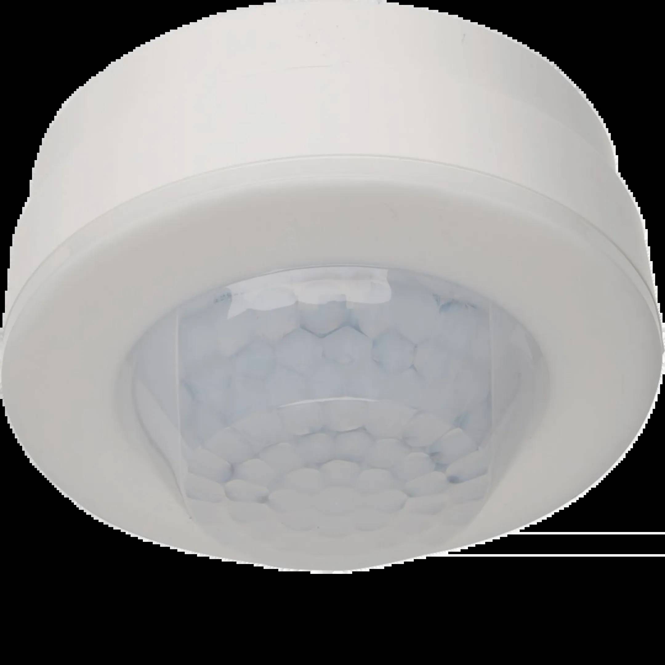 Een witte, ronde sensor die aan het plafond wordt gemonteerd. Hij detecteert bewegingen met behulp van infraroodtechnologie.