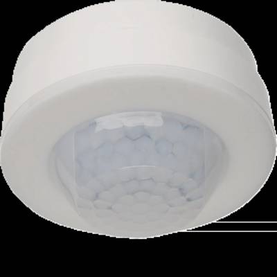 Een witte, ronde sensor die aan het plafond wordt gemonteerd. Hij detecteert bewegingen met behulp van infraroodtechnologie.