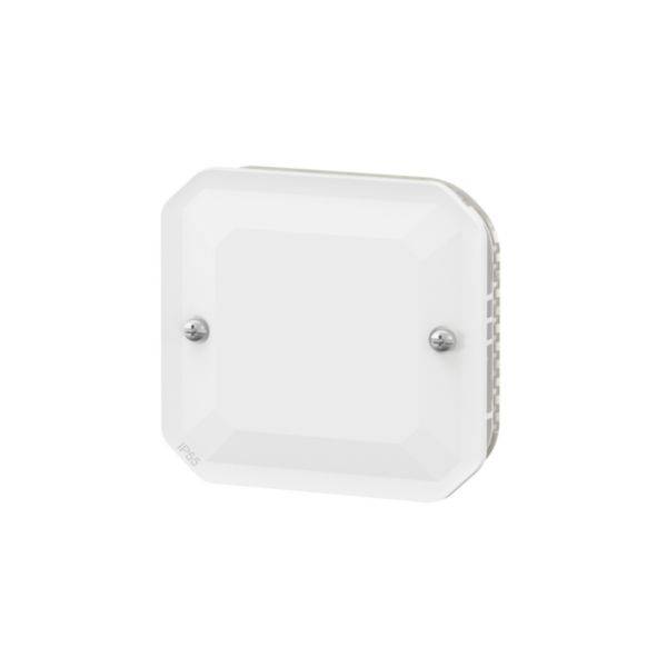 Een witte, vierkante wandsensor met twee zichtbare schroeven aan de voorkant. De sensor heeft een strak, modern design.