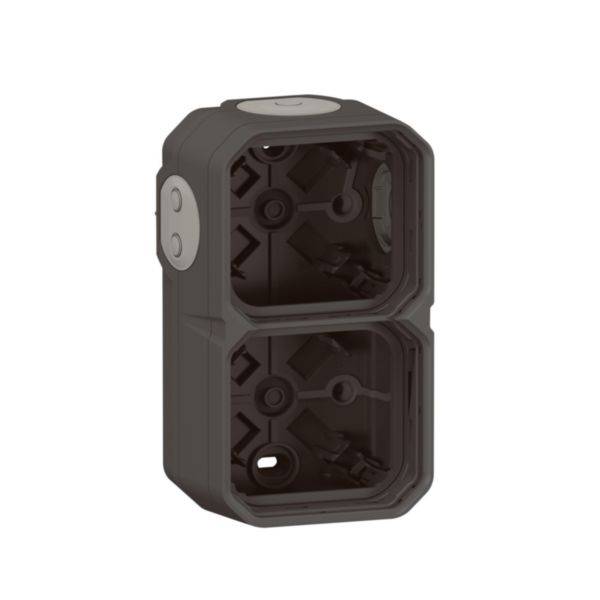 Zwart-grijs dubbel opbouwdoos voor elektrische installaties, met twee openingen voor stopcontacten, geschikt voor wandmontage.