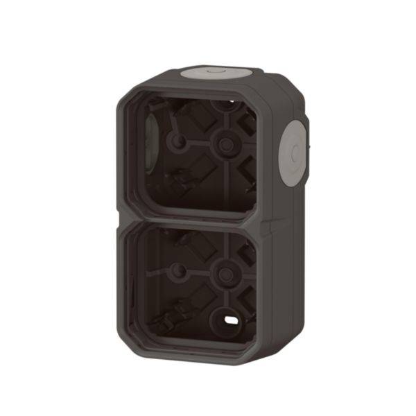 Dubbele inbouwdoos met rechthoekig ontwerp, geschikt voor de installatie van twee elektrische schakelaars of stopcontacten.