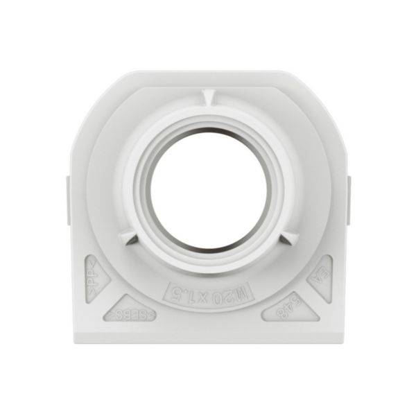 Een witte kunststof sokkel met een rond middendeel, omgeven door geometrische vormen en kleine markeringen op de hoeken.