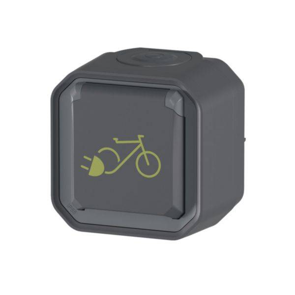 Grijze vierkante schakelaar met groen symbool van een fietsoplaadpunt, toont een laadstation voor elektrische fietsen.