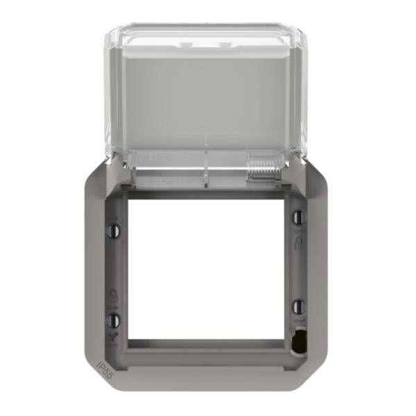 Een transparante vierkante IP55-geteste beschermingsbehuizing voor stopcontacten of schakelaars, geopend en zonder inzetstuk zichtbaar.
